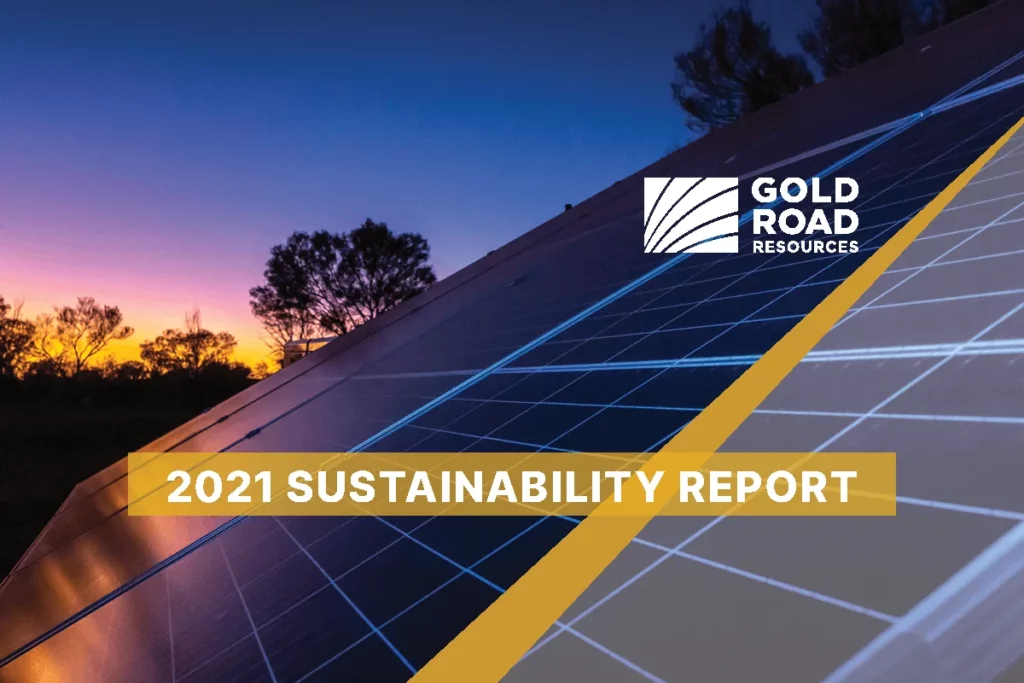 A photo of a solar panel with a sunset in the background with the following text overlaid: "2021 sustainability report"
