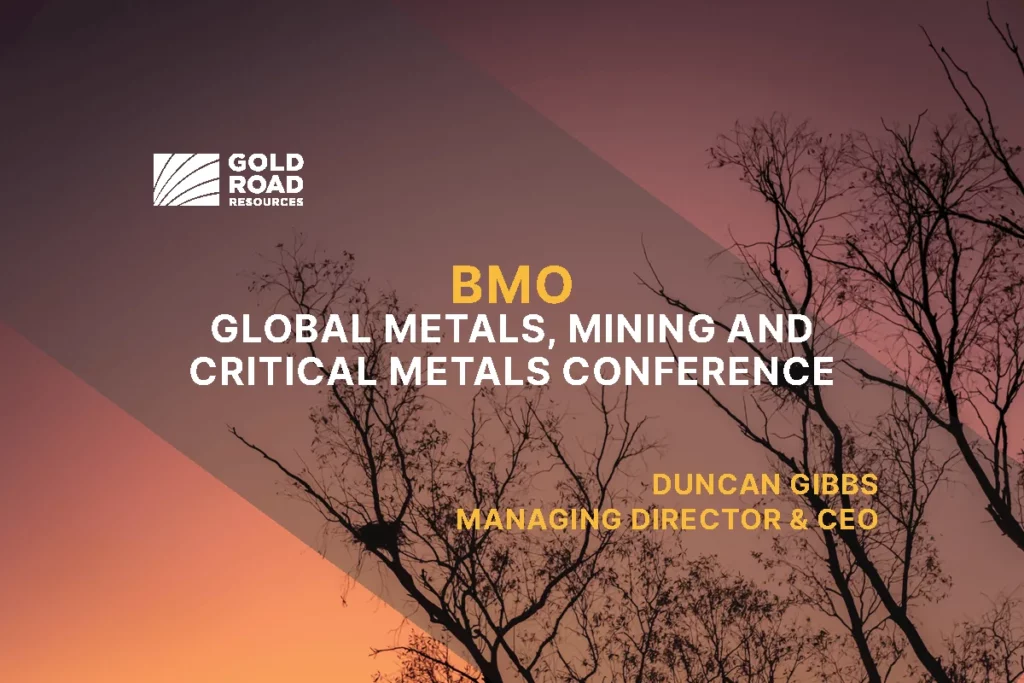 A photo of a tree outlined against a sunset with the following text overlaying it: "BMO - Global metals, mining and critical metals conference" Author - Duncan Gibbs, Managing Director & CEO