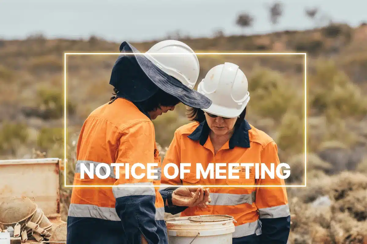 A photo of 2 FIFO workers in high vis with a rectangular, neon box overlayed on top and the text "Notice of Meeting" inside of it.