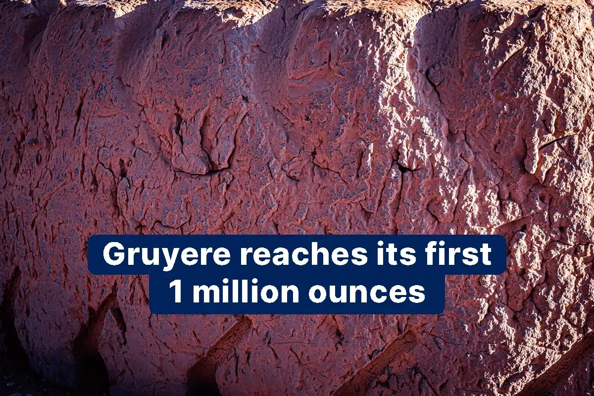 A photo of a rock with the following text overlaying it "Gruyere reaches its first 1 million ounces"